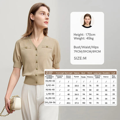 Damen-Strickjacke V-Ausschnitt Metallschnalle kurz weich Büro Frühling