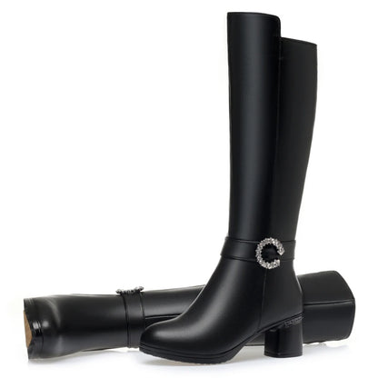 AIYUQI Stiefel schwarz, kniehoch, Blockabsatz; Zier-C am Einstieg, seitlich