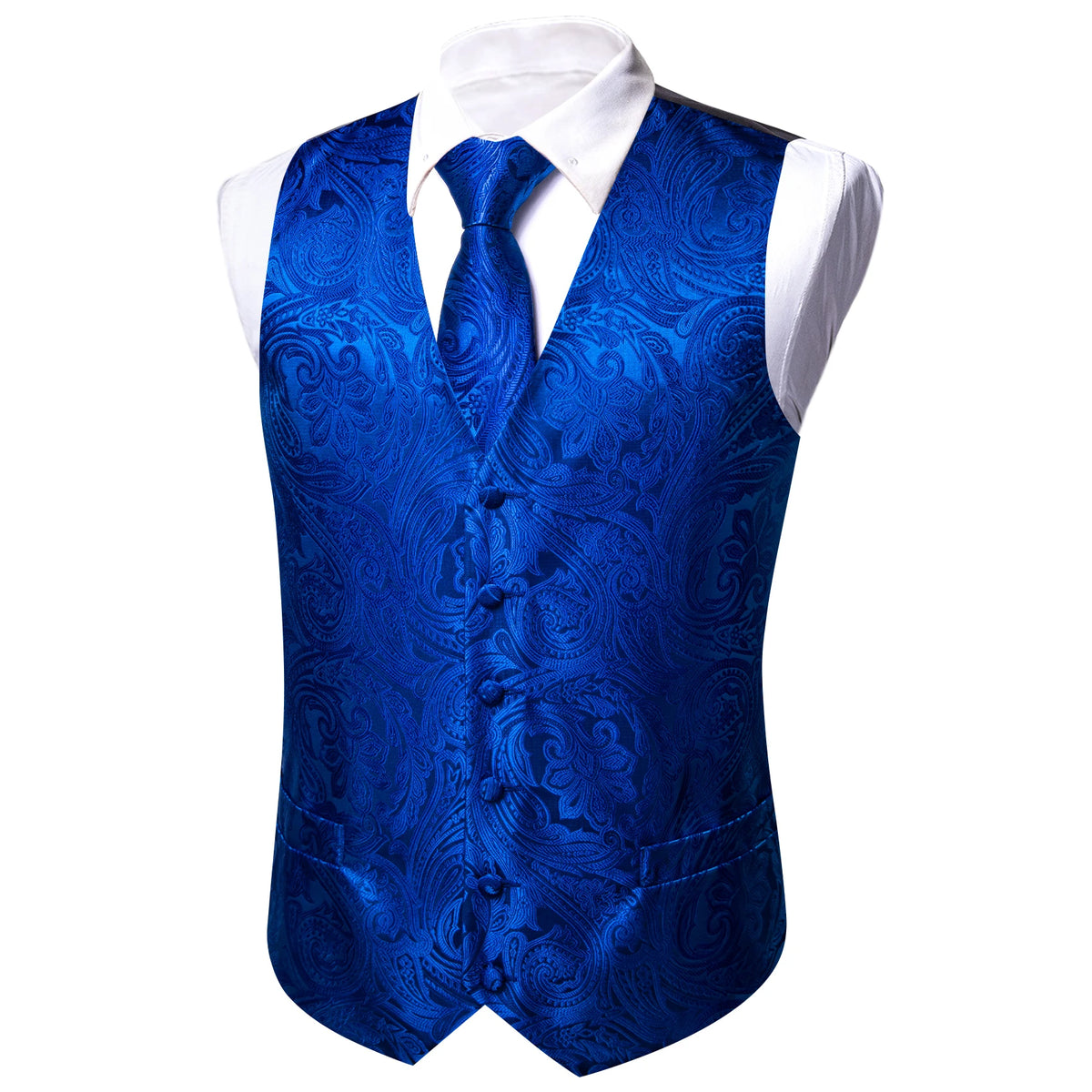Blaue Herrenweste aus Seide mit Paisley-Muster und passender Krawatte