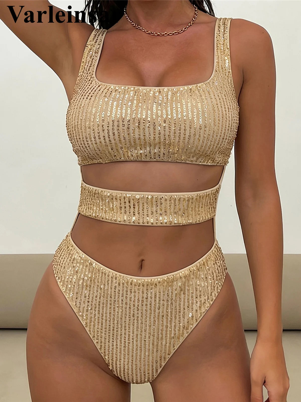 Damen Badeanzug Pailletten Glitzer Cut-Out Monokini High-Cut Strandmode
