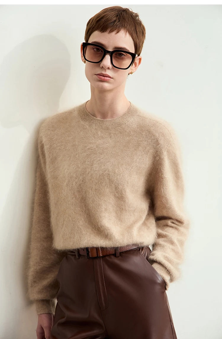Warmer Damenpullover aus Strick mit O-Ausschnitt, lockere Passform, camel