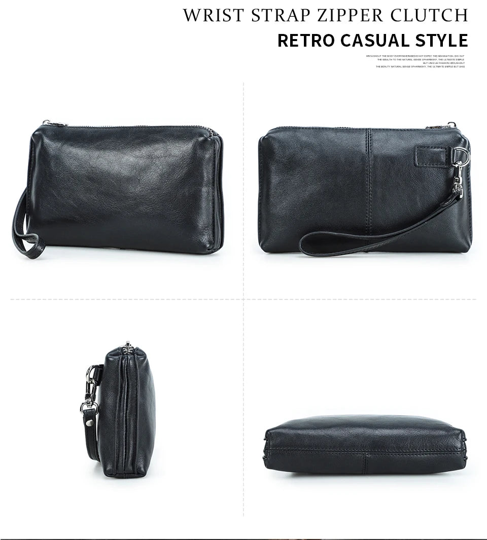 Schwarze Echtleder-Handtasche im Set-Ansichtsbild, mit Reißverschluss und schmaler Silhouette