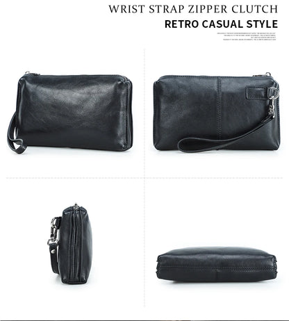 Schwarze Echtleder-Handtasche im Set-Ansichtsbild, mit Reißverschluss und schmaler Silhouette