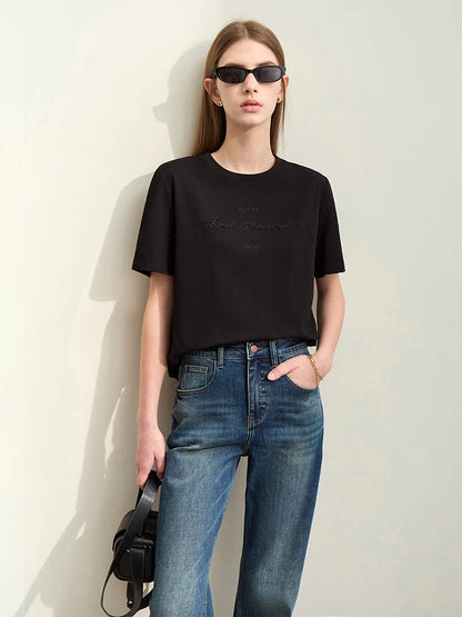 Damen T-Shirts im Minimalismus-Stil mit Kurzarm und Buchstaben-Stickerei