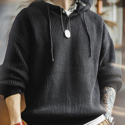 Herren Pullover aus Strick mit Henley-Kragen und Kapuze für Herbst und Winter