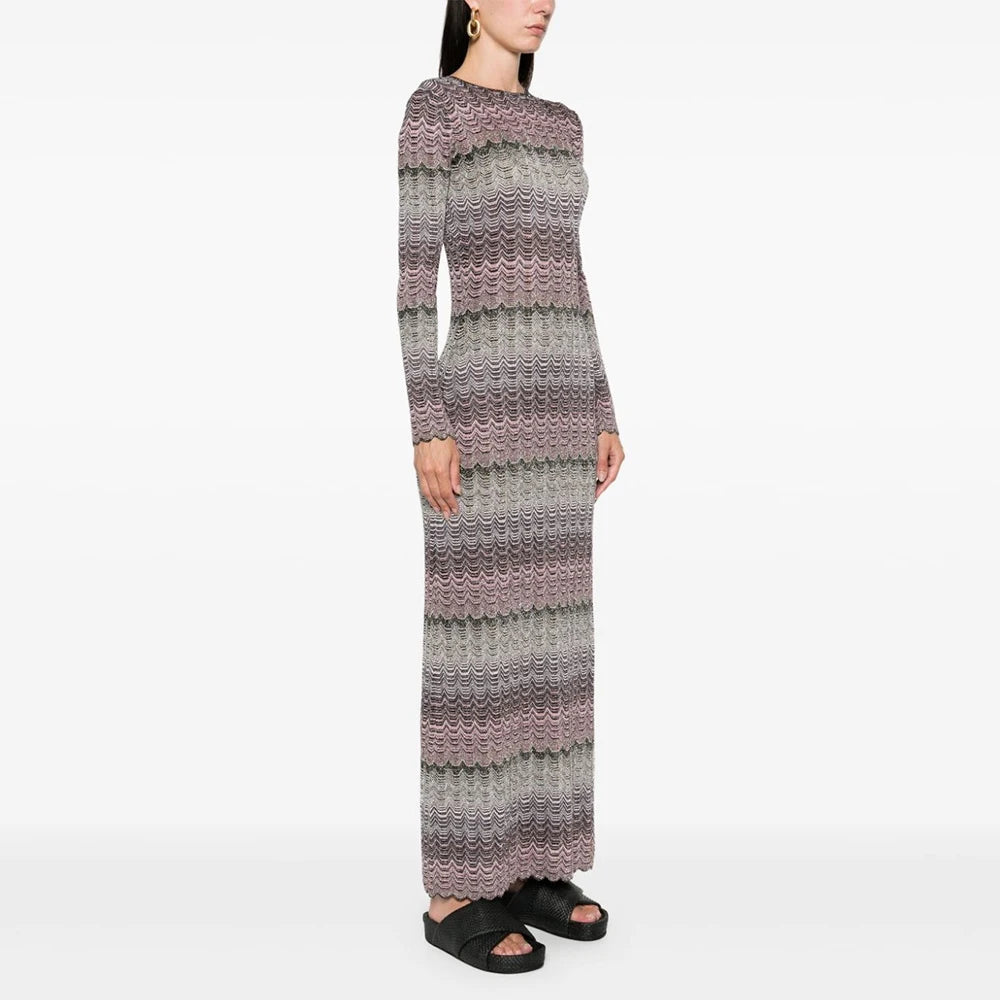 Elegantes Damen-Midikleid mit Rundhalsausschnitt und langen Ärmeln im Patchwork-Design mit Diamantenmuster
