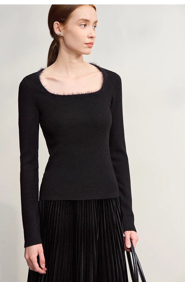 Damen-Pullover mit eckigem Ausschnitt, langarm, schwarzer Feinstrick