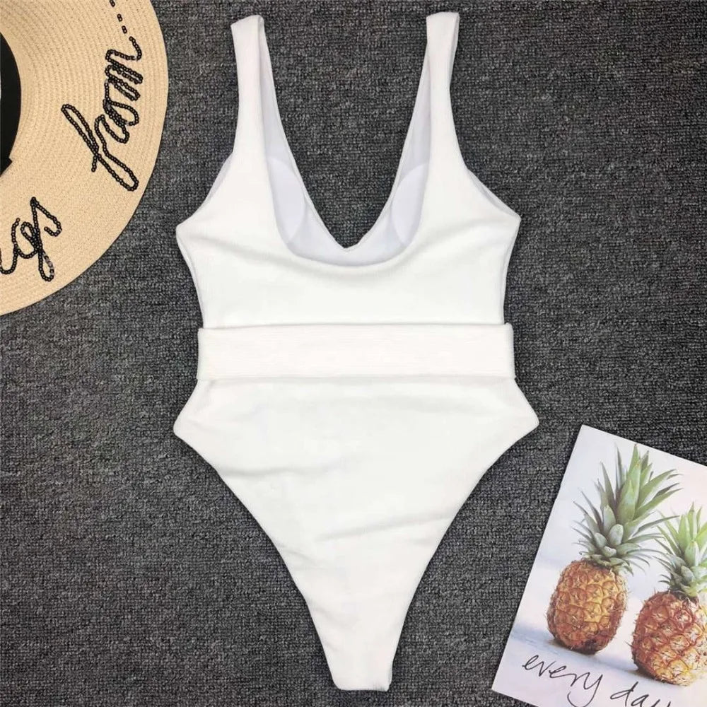 Damen Badeanzug tiefer V-Ausschnitt Monokini High-Cut Taillenband Einteiler