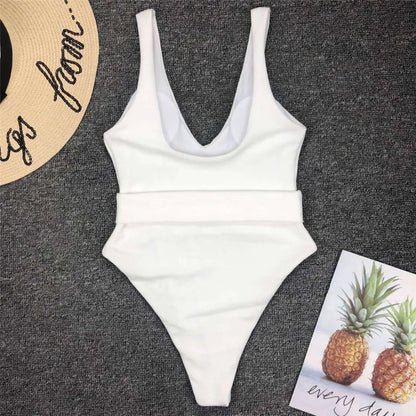 Damen Badeanzug tiefer V-Ausschnitt Monokini High-Cut Taillenband Einteiler