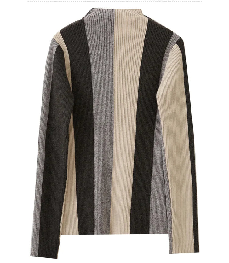 Damen-Rollkragenpullover Slim Patchwork Streifen Viskose Winter