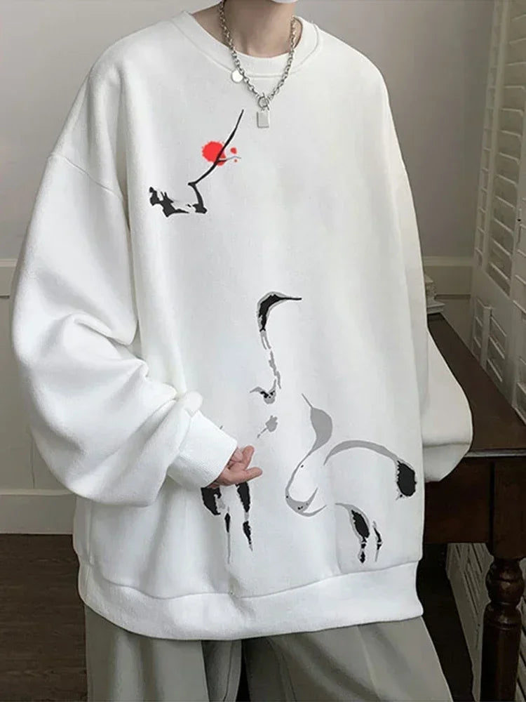2025, neue Tinte Malerei Kran Gedruckt Pullover Hoodies Für Männer Frühling Hip Hop Mode Oansatz Hoody Y2K Streetwear Sweatshirts