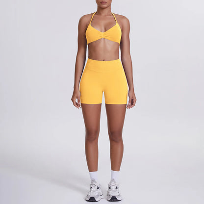 Nahtloses Yogaset in Gelb: Push-up-BH und High-Waist-Shorts