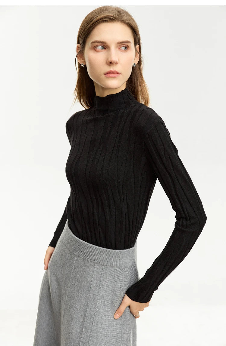 Damen-Wollpullover mit Stehkragen, langarm, schwarz, Rippstruktur