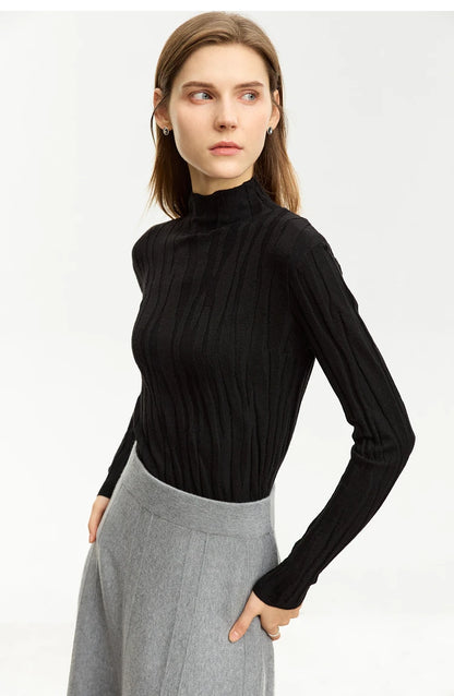 Damen-Wollpullover mit Stehkragen, schwarzer Zopfstrick, langärmlig