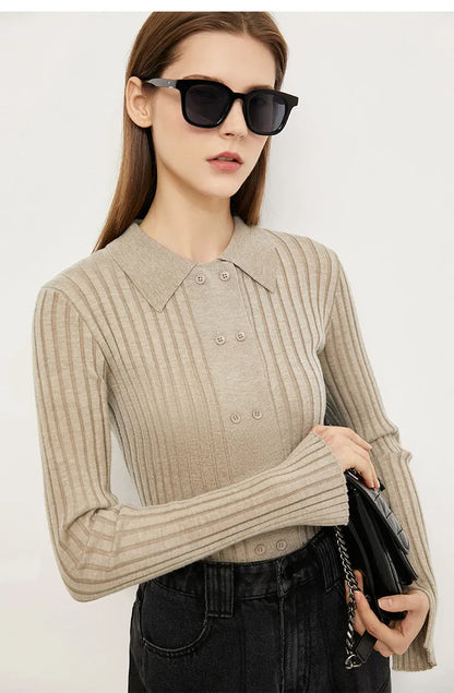 Damen-Strickjacke Polokragen Slim doppelreihig Wolle-Mix Frühling-Herbst