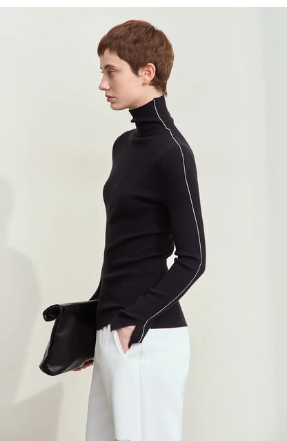 Damen-Rollkragenpullover Farbkontrast Slim Fit Langarm Frühling