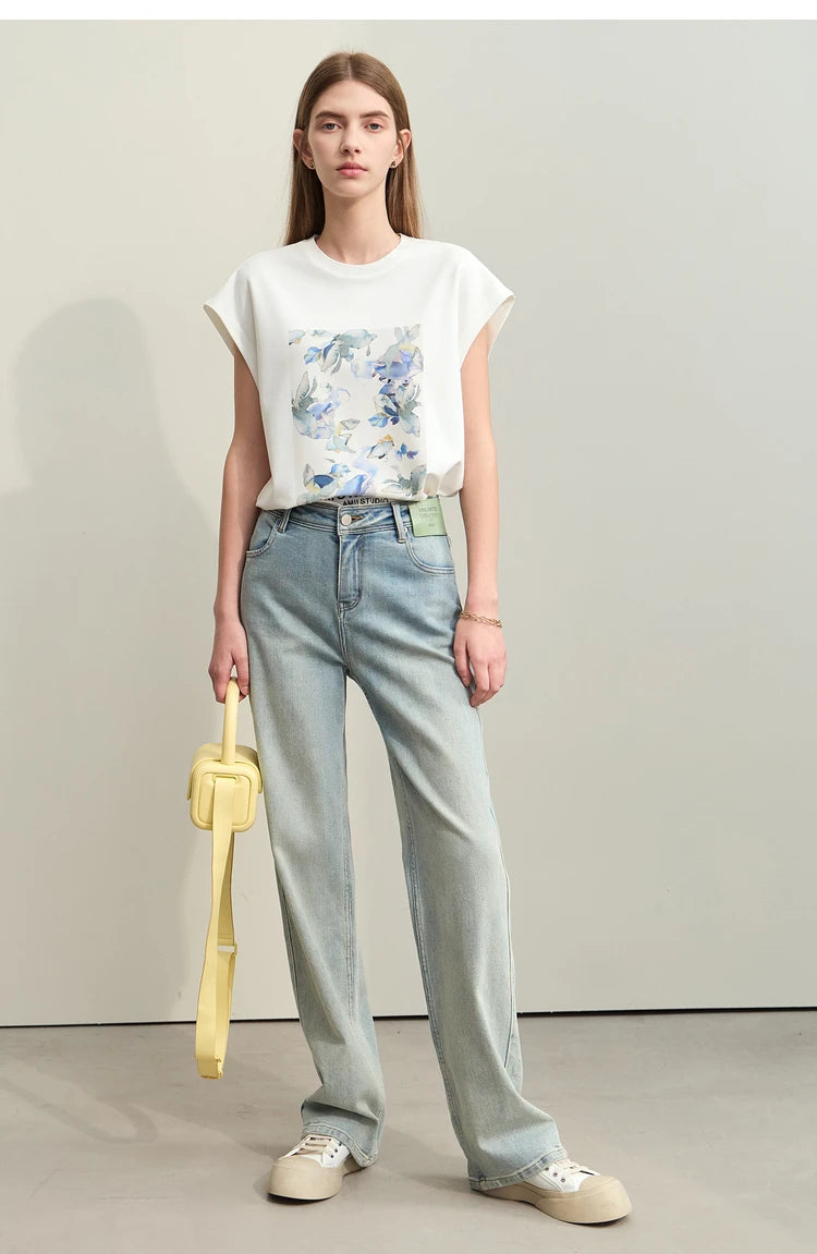 Damen T-Shirts im Minimalismus-Stil mit lässigem O-Neck und Blumen-Druck