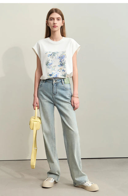 Damen T-Shirts im Minimalismus-Stil mit lässigem O-Neck und Blumen-Druck