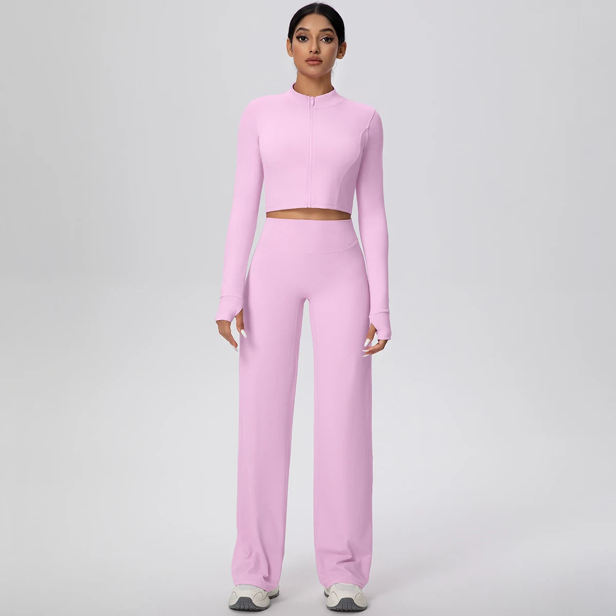 Fliederfarbenes Yoga-Set für Damen: Zip-Crop-Top und lange Hose, Vorderansicht