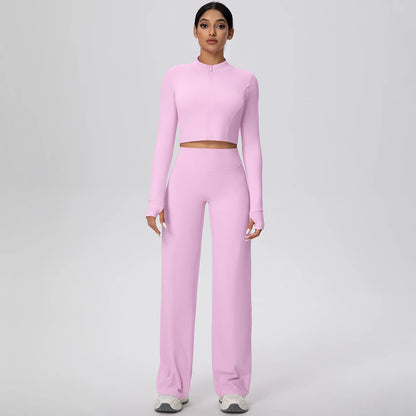 Fliederfarbenes Yoga-Set für Damen: Zip-Crop-Top und lange Hose, Vorderansicht