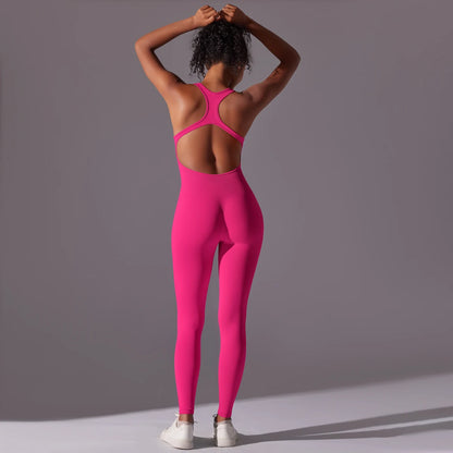 Nahtloser Yoga-Bodysuit, fuchsia, rückenfrei mit Trägerkreuz am Rücken