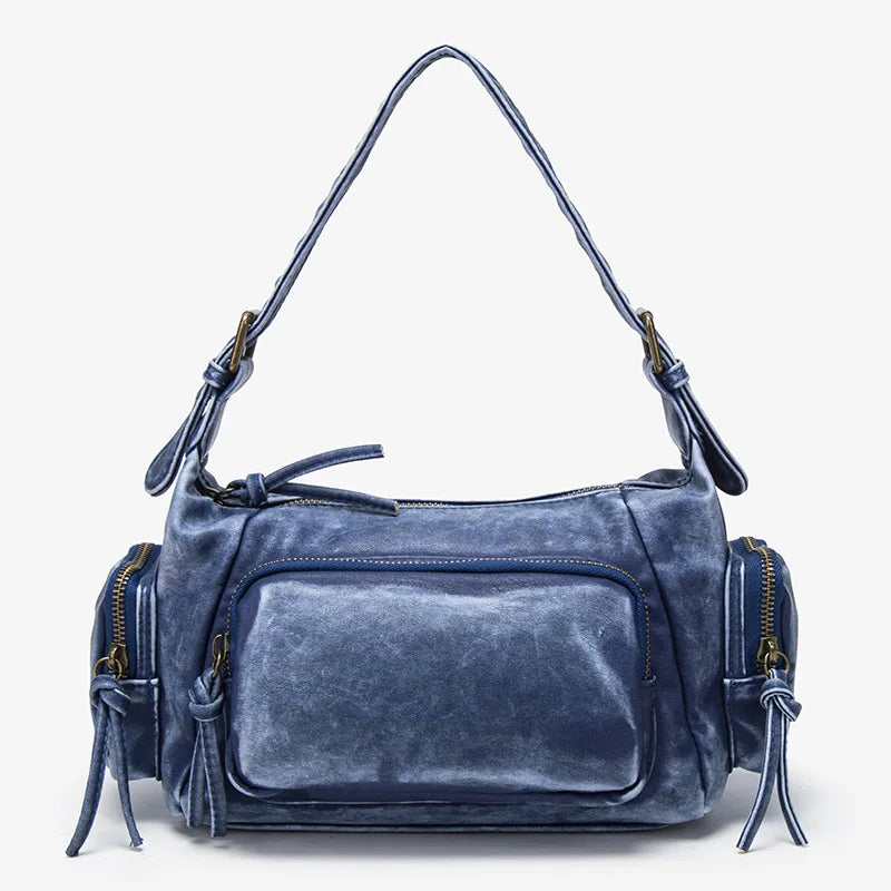 Damen-Hobo-Ledertasche (blau), Vorderfach mit Reißverschluss, Quasten, Schulterriemen