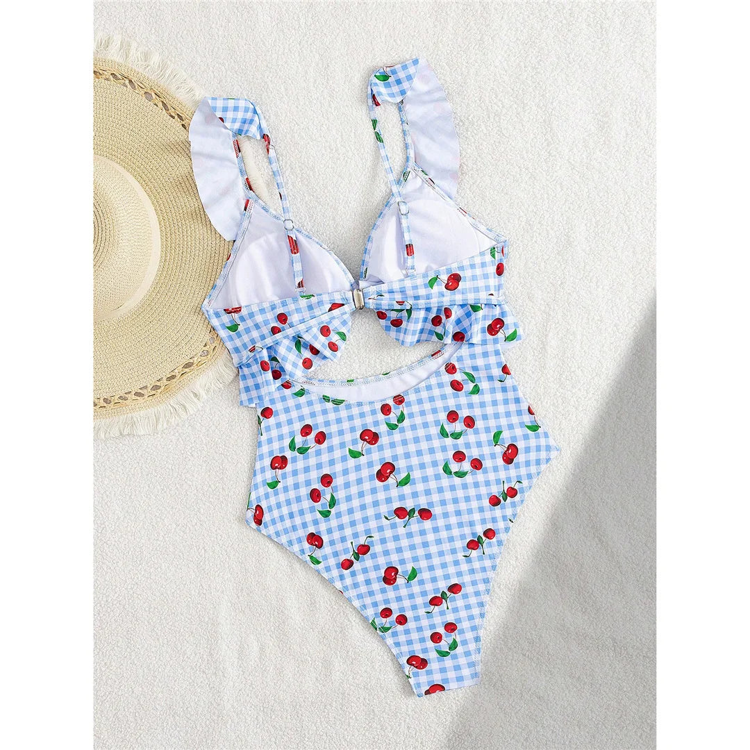 Damen Badeanzug Kirschen Karo Cut-Out Rüschen hoher Beinausschnitt Monokini