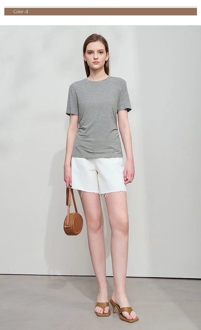 Damen Sommer-T-Shirt im minimalistischen Stil mit schmalem O-Ausschnitt und kurzen Ärmeln