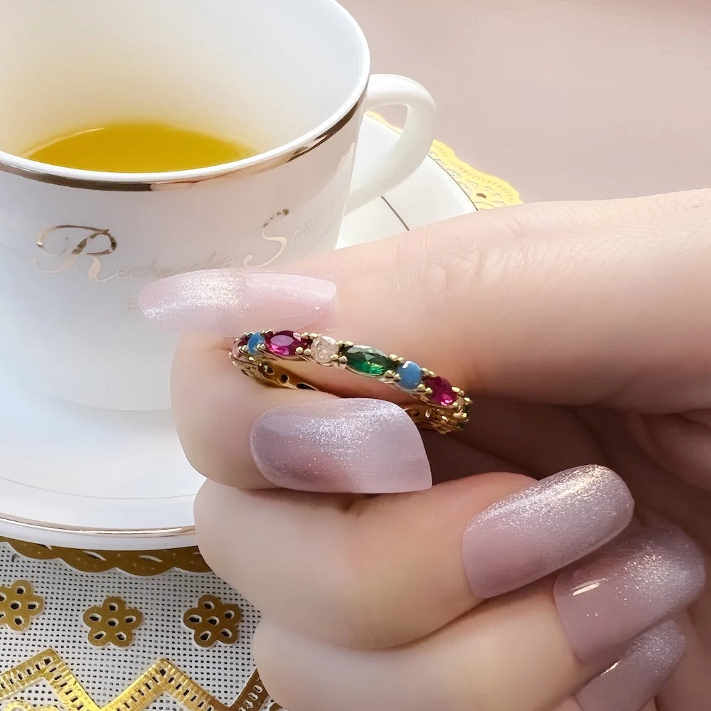 Damen-Ring bunte Steine golden glamourös aus Sterlingsilber