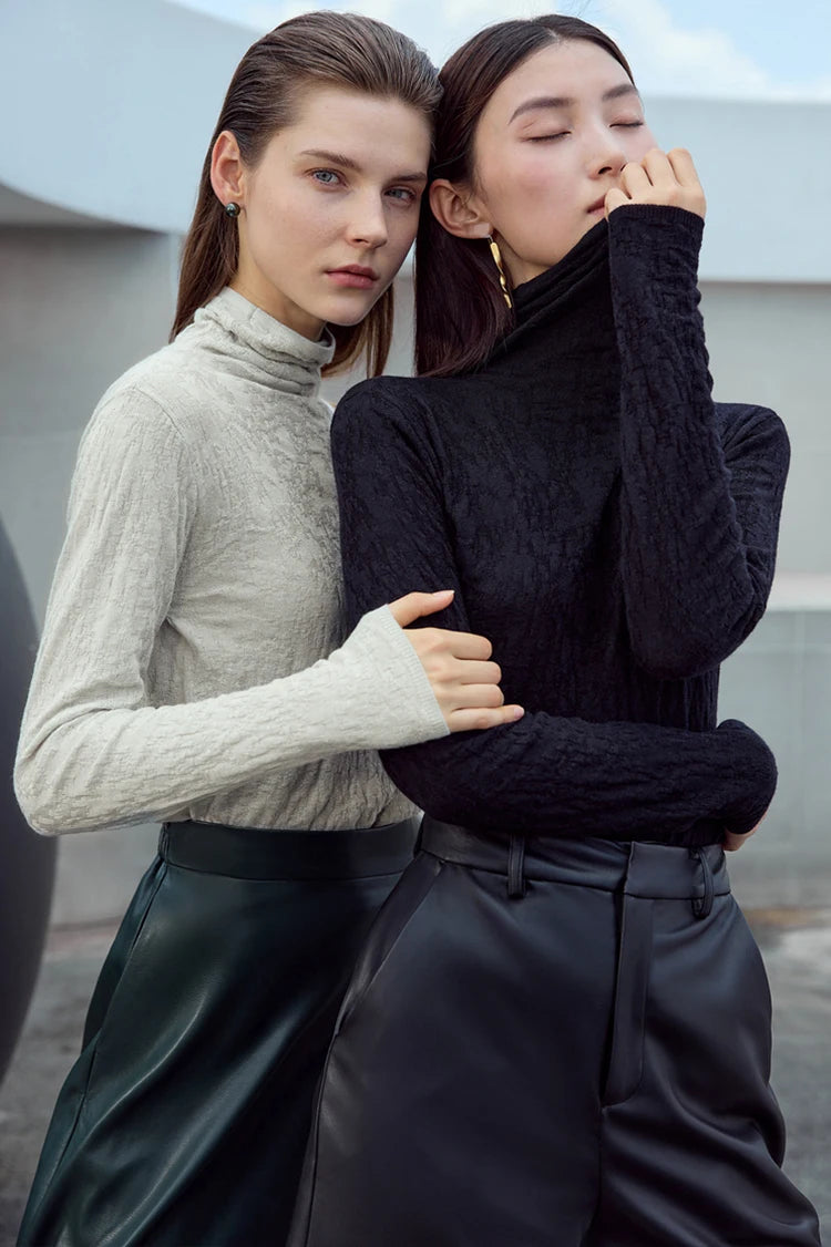 Damen-Rollkragenpullover Wolle-Mix schlank dünn Winter
