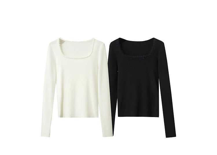 Damen-Pullover Set: weißer und schwarzer Langarm mit eckigem Ausschnitt