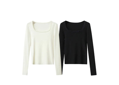 Damen-Pullover Set: weißer und schwarzer Langarm mit eckigem Ausschnitt