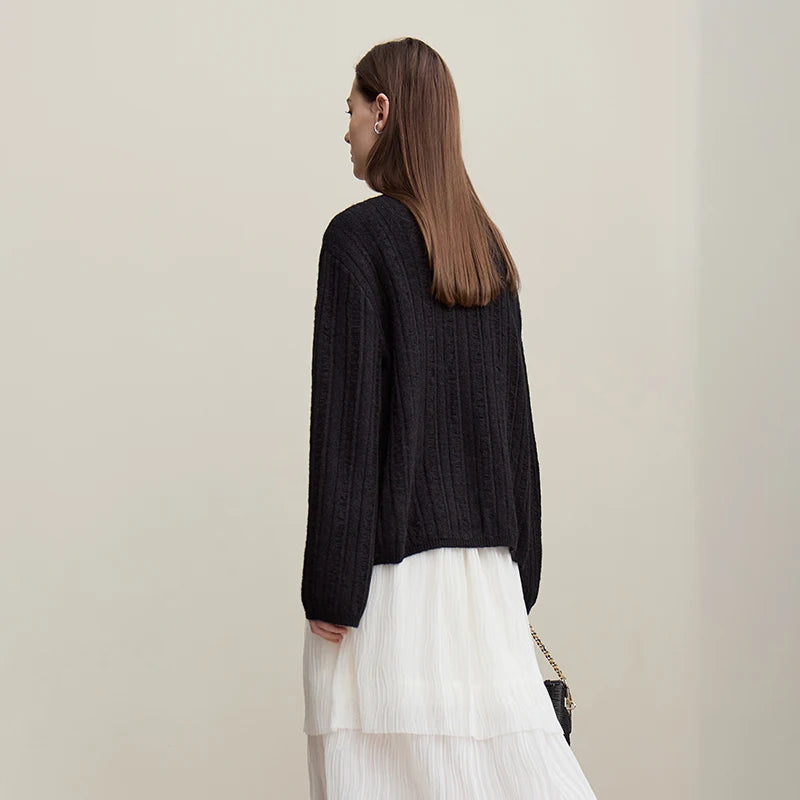 Damen-Strickjacke Rundhals Wolle locker überschnittene Schulter einreihig Frühling