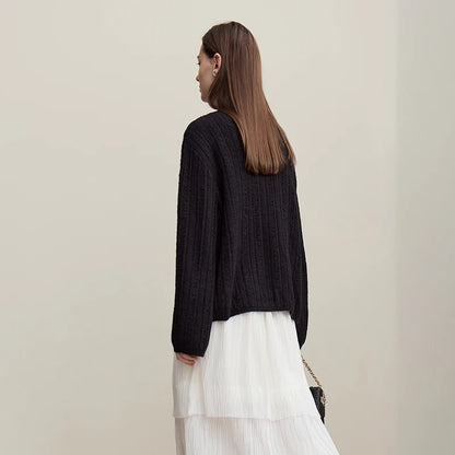 Damen-Strickjacke Rundhals Wolle locker überschnittene Schulter einreihig Frühling