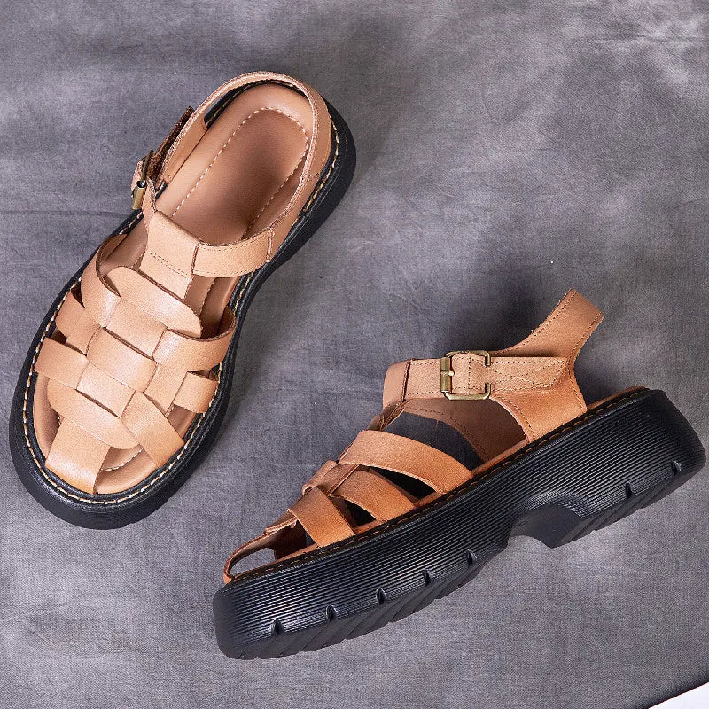 AIYUQI Sandalen Frauen Sommer 2025, Neue Echtes Leder Baotou Römischen Sandalen Damen Retro Hohl Gewebt Frauen Sandalen