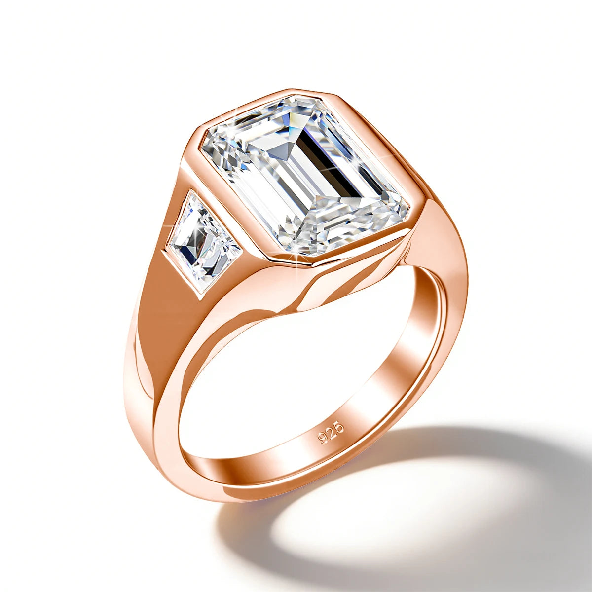 Unisex-Verlobungsring Moissanit im Smaragdschliff Drei-Stein-Design aus 925 Silber