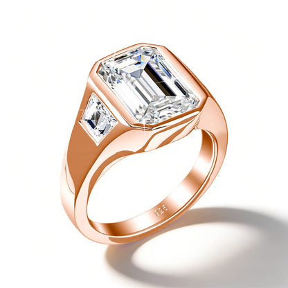 Unisex-Verlobungsring Moissanit im Smaragdschliff Drei-Stein-Design aus 925 Silber