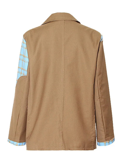 Patchwork-Blazer für Damen mit Knopfleiste und Notch-Kragen – Langarm-Design mit Hohlschnitt und Taschen