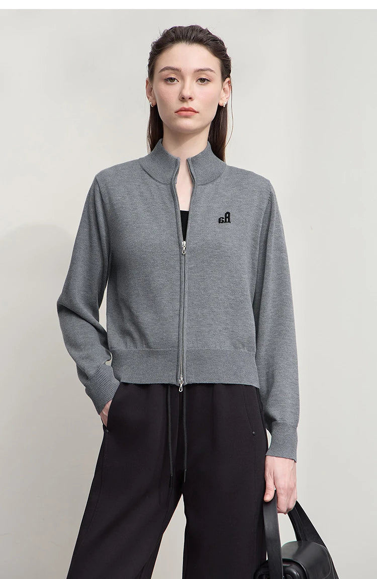 Damen-Rollkragen-Strickjacke kurz Reißverschluss Wolle Herbst-Winter