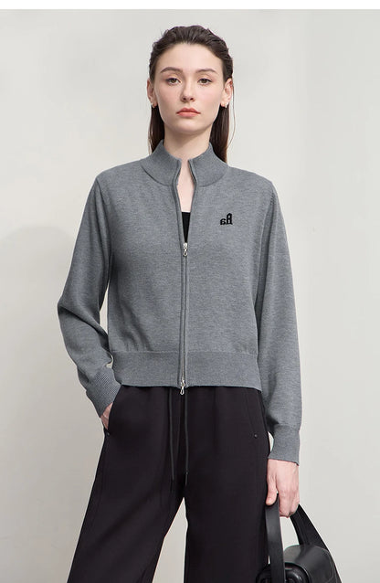 Damen-Rollkragen-Strickjacke kurz Reißverschluss Wolle Herbst-Winter