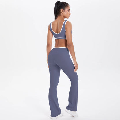 Yoga-Set mit Sport-BH und Leggings, hoher Bund, dunkelblau-grau, Rückansicht, ausgestellte Beine