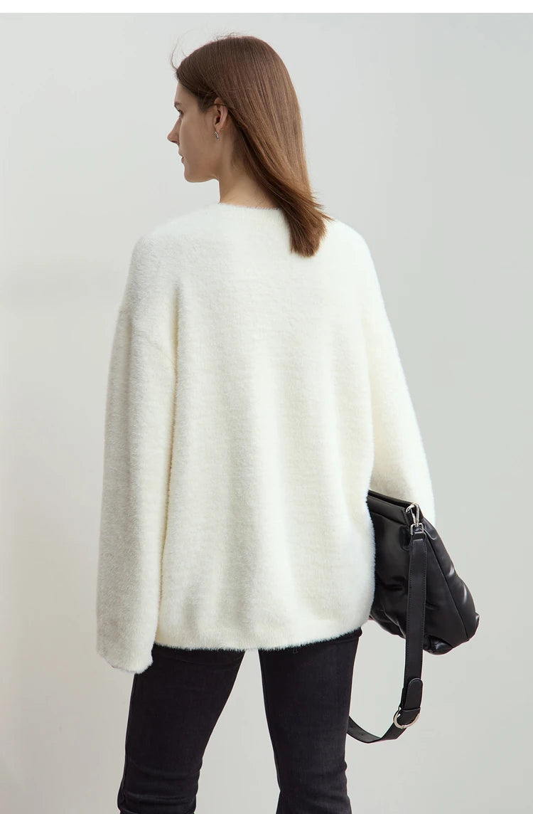 Damen-Jacquardpullover mit O-Ausschnitt, offwhite, Rückansicht, lange Ärmel