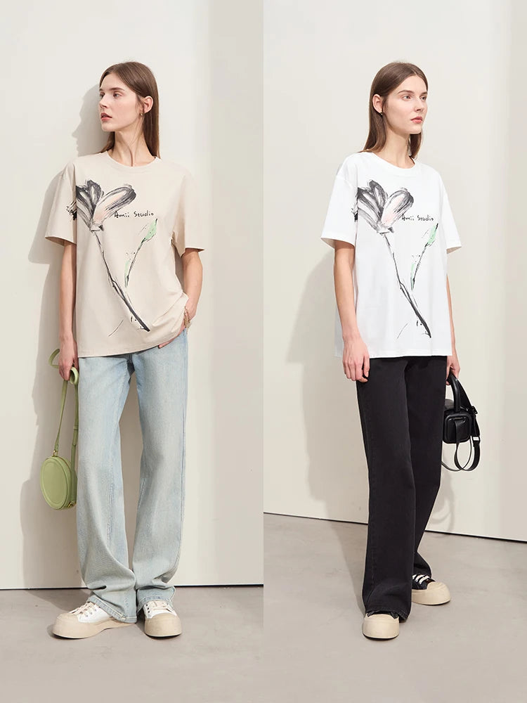 Damen T-Shirt im Minimalismus-Stil mit O-Neck und coolen Ink-Art Print