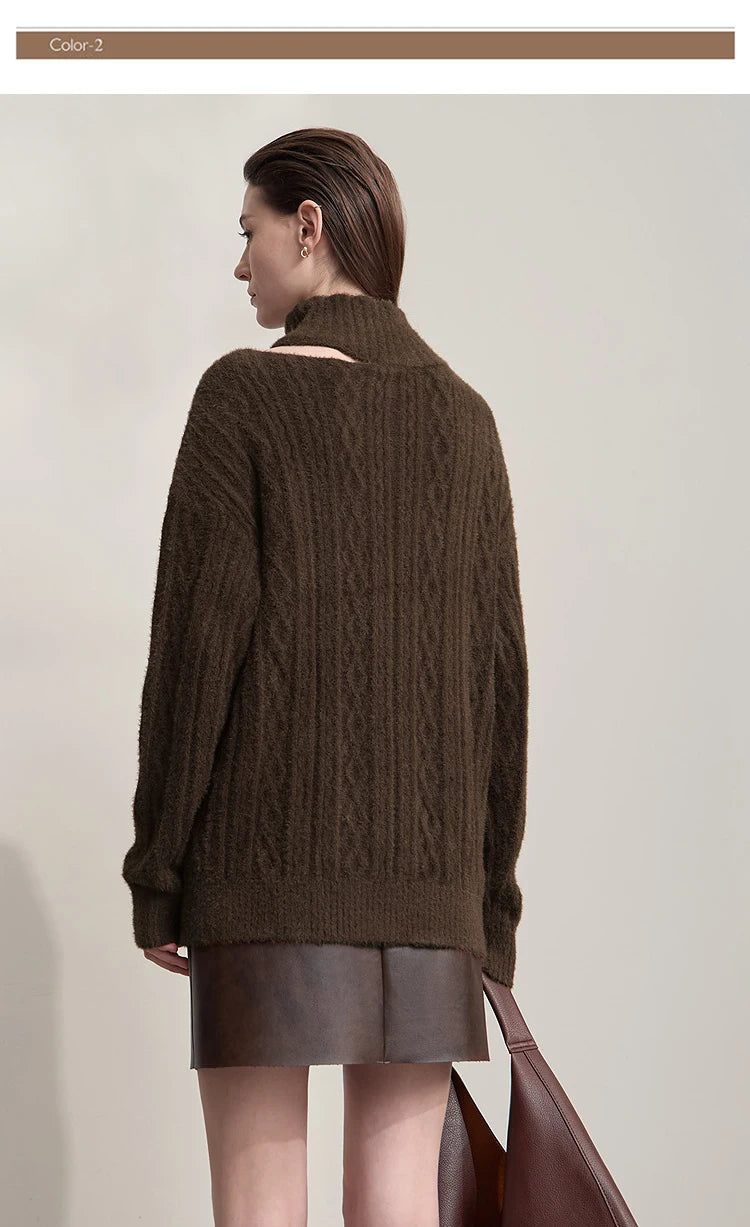 Damen-Rollkragenpullover Hohlstrick Viskose locker lang Raglan Herbst