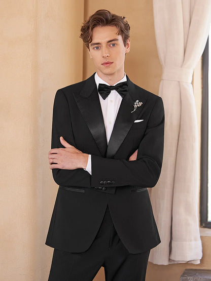 Eleganter Herrenanzug aus 30% Wolle: Schwarzer Slim Fit Ein-Knopf-Blazer für Hochzeiten und Feiern
