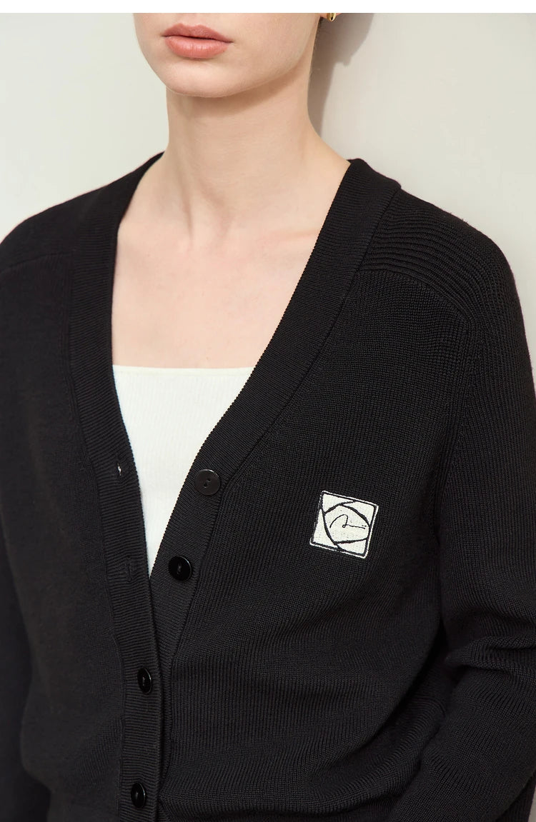 Damen-Strickjacke Wolle V-Ausschnitt Patchwork Stickerei kurz Französisch Herbst