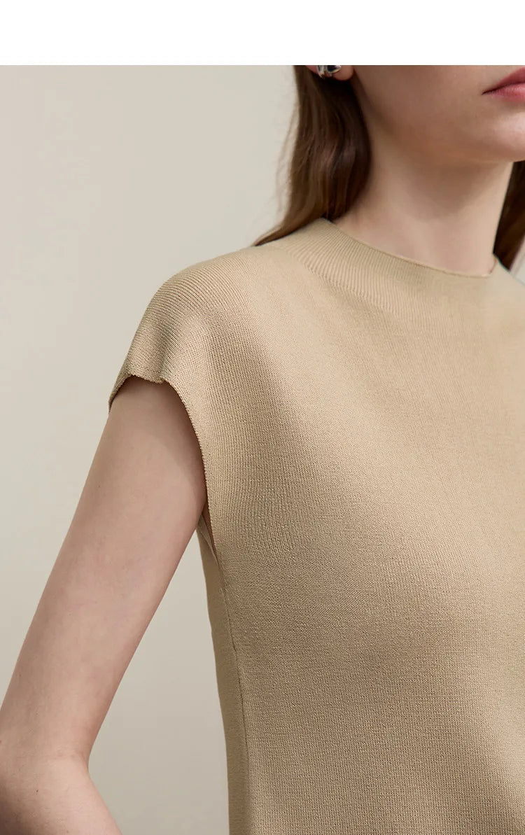 Damen Stricktop mit Stehkragen und Kurzarm, beiges einfarbiges Strickoberteil