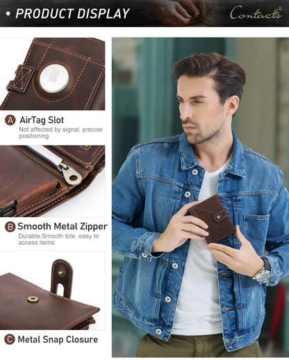 Herren Echtleder Geldbörse Airtag RFID Aluminium Kartenhalter Metall Reißverschluss