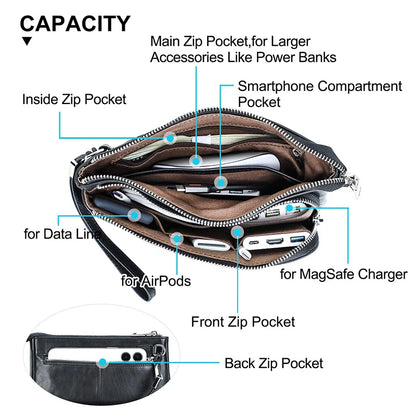 Schwarze Lederhandtasche mit mehreren Innentaschen für Smartphone, AirPods und Kabel