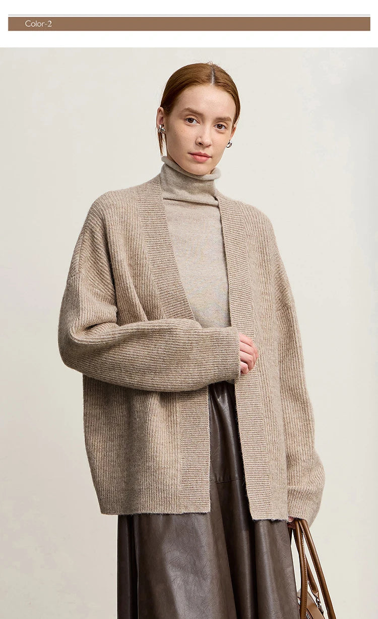 Damen V-Ausschnitt Cardigan lang Wolle-Mix offen Winter